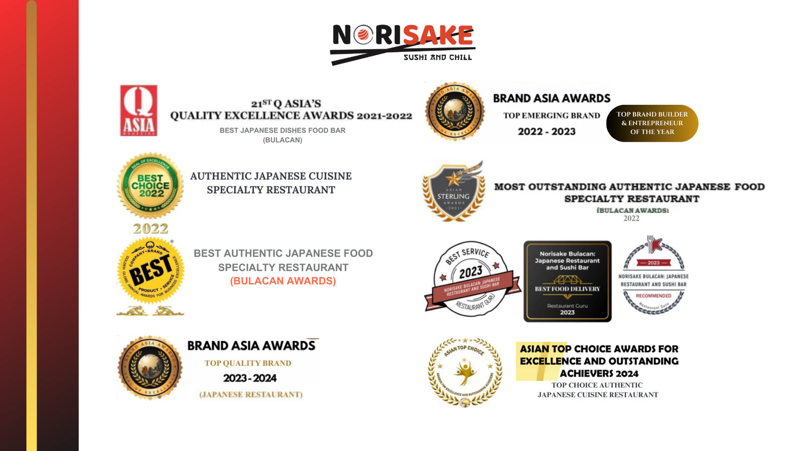 "Q Asia", : "Brand Asia Awards". "Authentic Japanese Cuisine", "Asian Top Choice Awards"